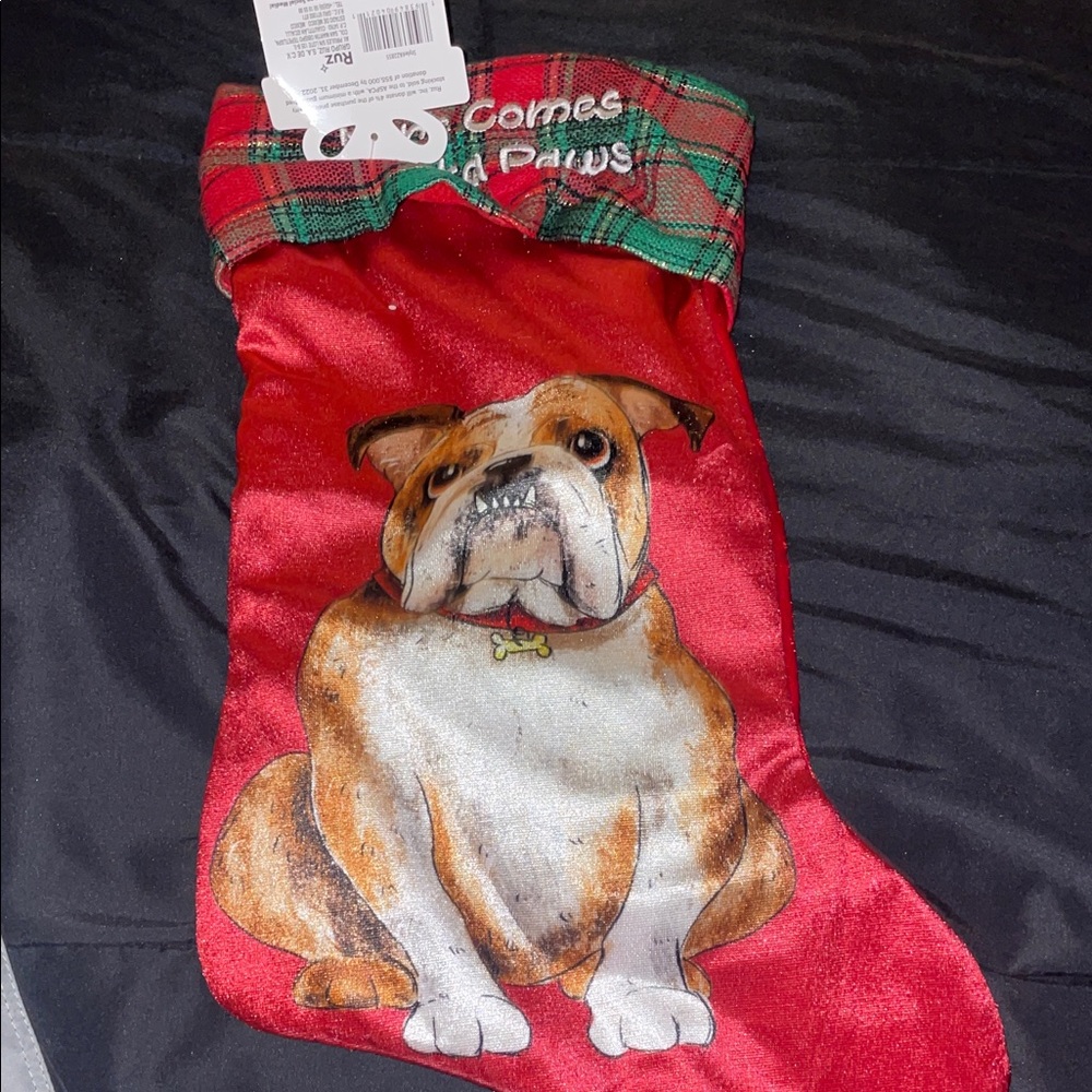 Christmas Festive Red Dog Stocking with Bulldog Design